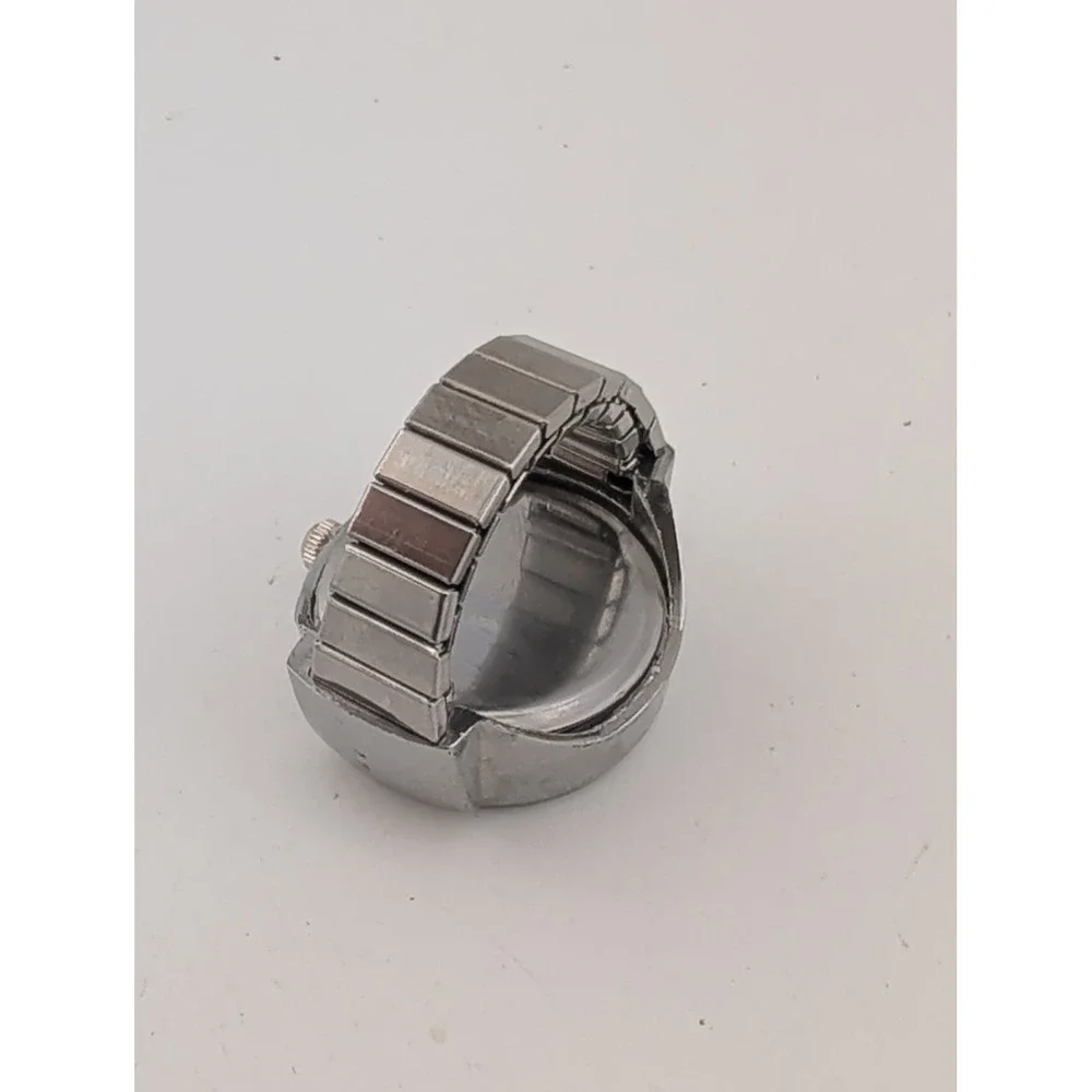 Stainless Steel Quartz Watch Ring Yellow Dial Silver Stretch Band- New Battery